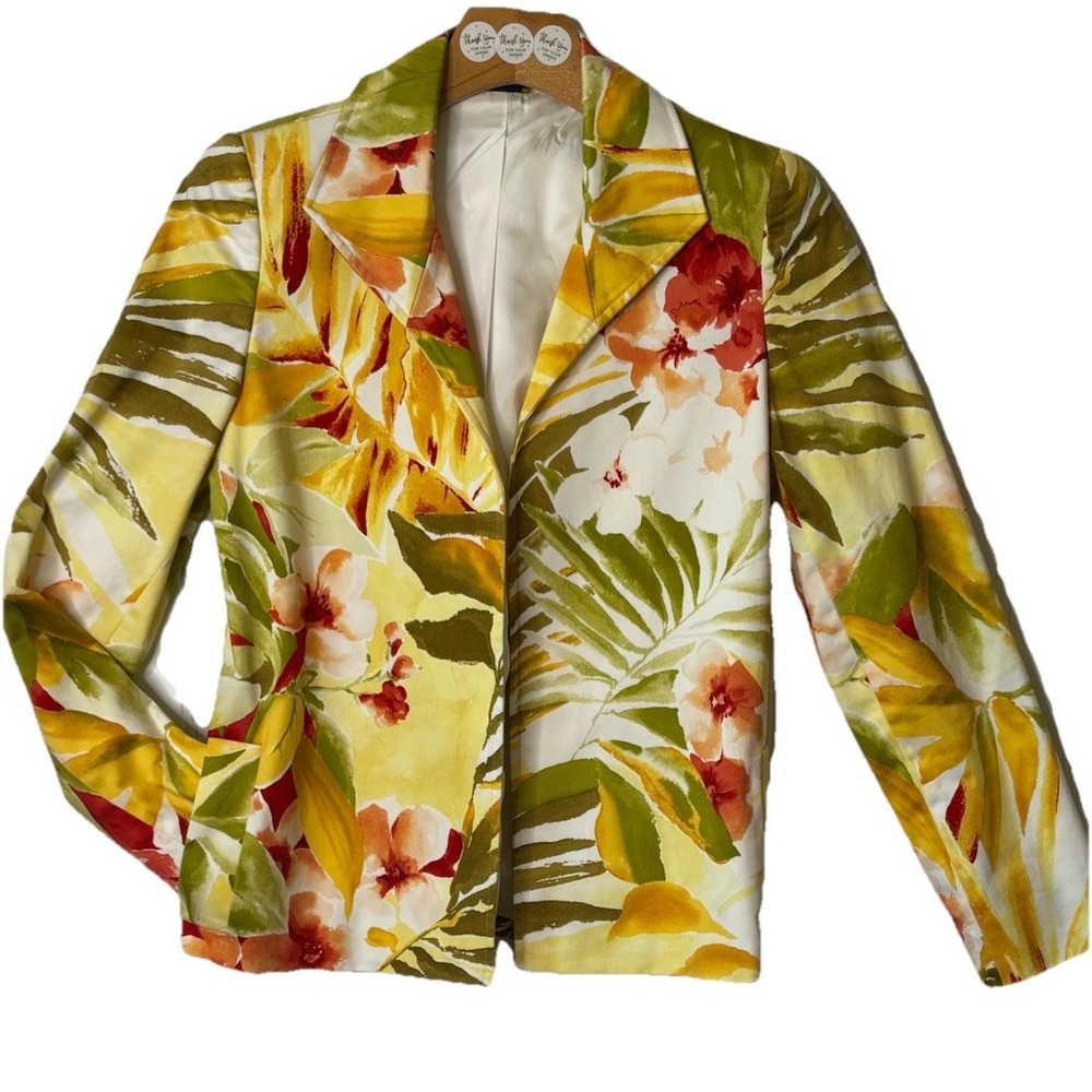 Vtg Linda Allard Ellen Tracy Blszer Jacket  0 Petite Open Front Tropical Floral